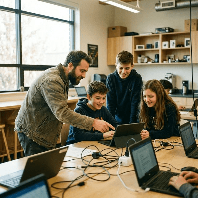 Mentores y estudiantes en taller STEAM